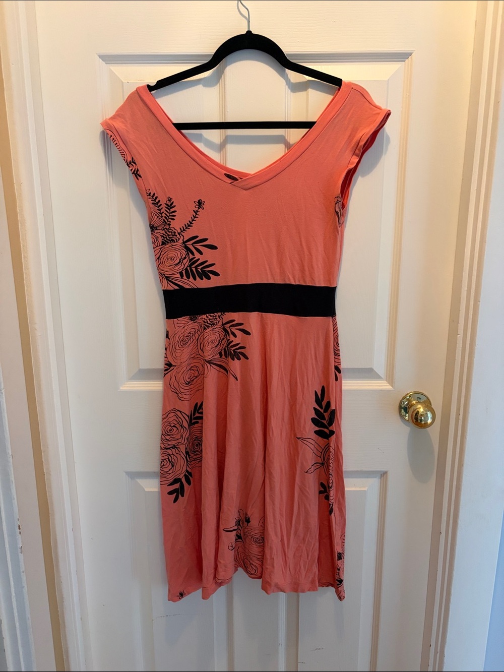 Women's Coral V-Neck Floral Dress with Black Waistband